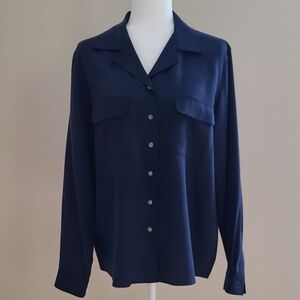 August Silk Women's Dark Navy 100% Silk Button-Up Blouse – Size L
